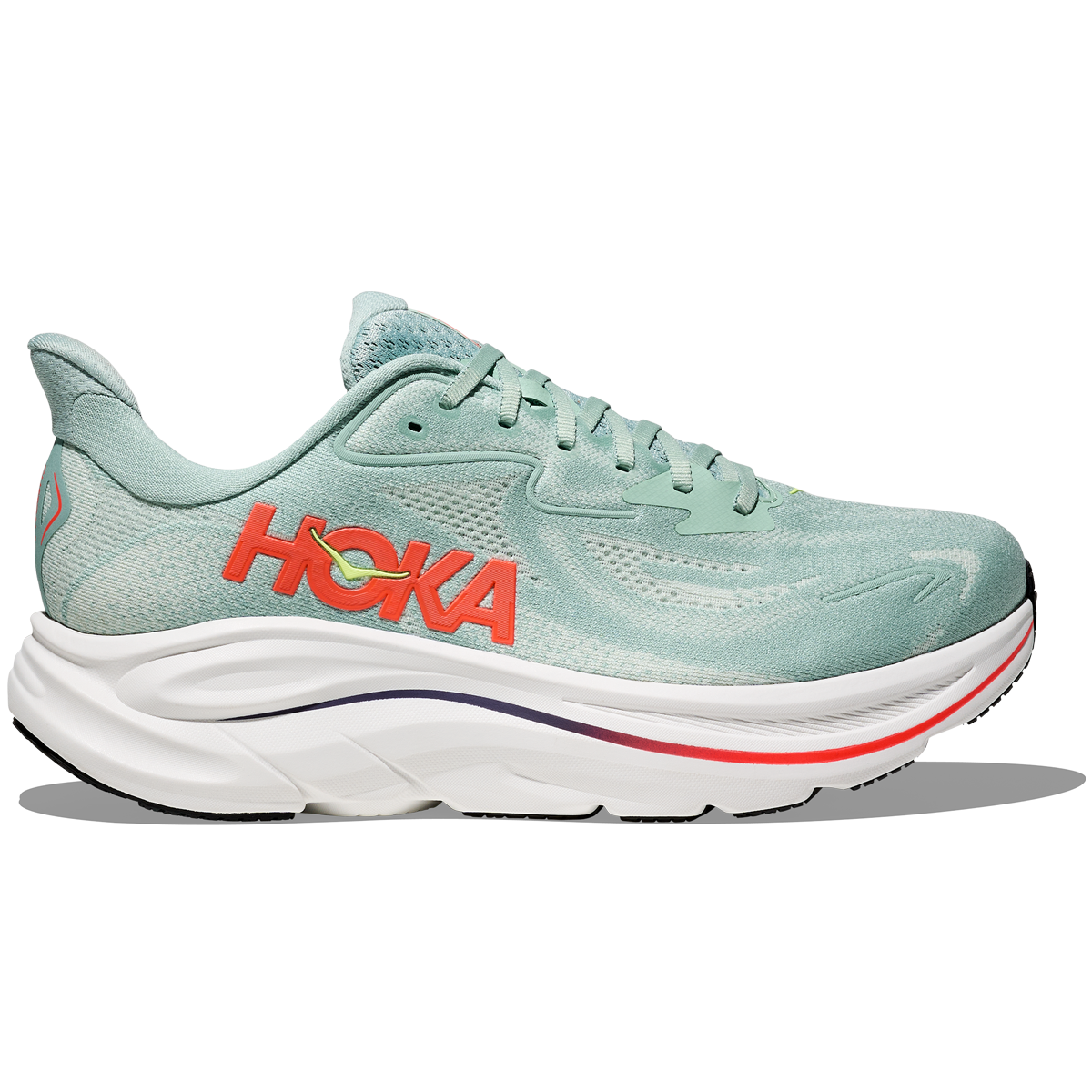 Hoka Clifton 10 Wide Fit Running Shoes - Mens - Sage/Neon Flame
